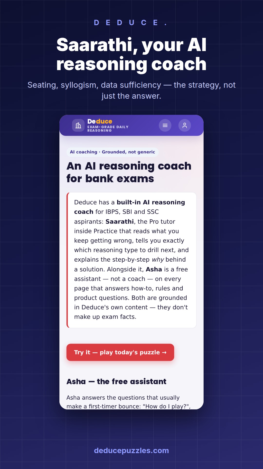 Saarathi, the AI reasoning coach for IBPS, SBI PO, SSC CGL and RRB formats